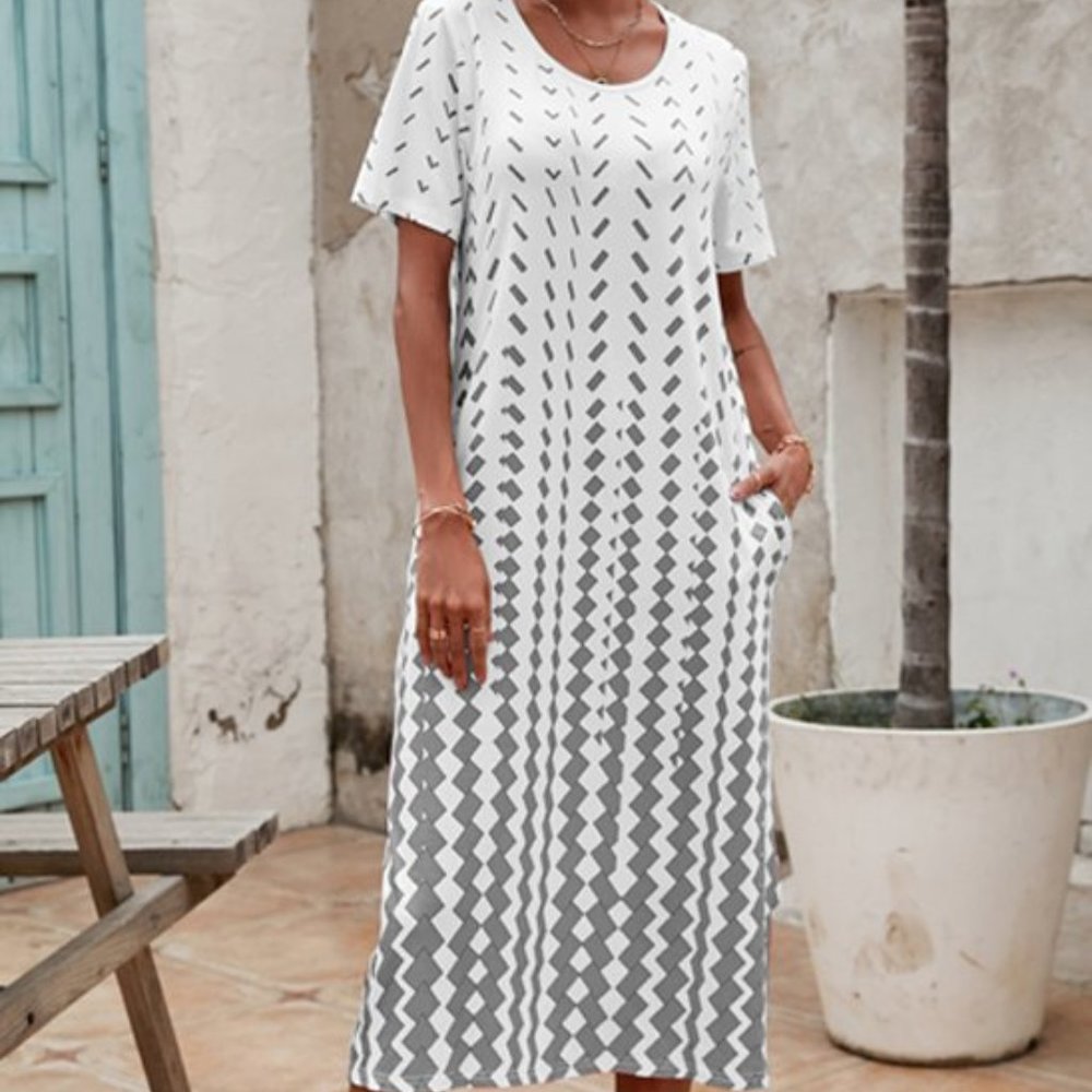 La Mode  Gray White Geometric Jewel-Collar Midi Dress, Size XL